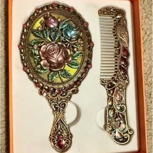 Vintage Floral Hand Mirror and Comb Set